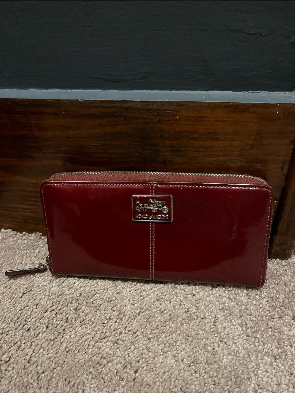 Coach Patent Zip-Around Wallet in Deep Red Patent